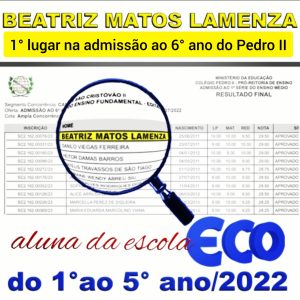 Beatriz Lamenza – 1º lugar na admissão ao 6º ano do Pedro II